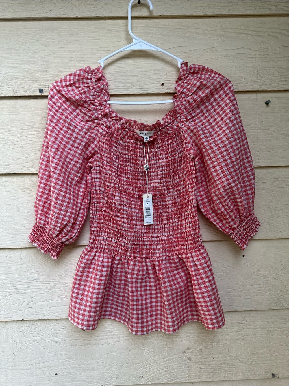 Max Studio Womens Gingham
Smocked Puff Sleeve Peplum Top
Red New Size S